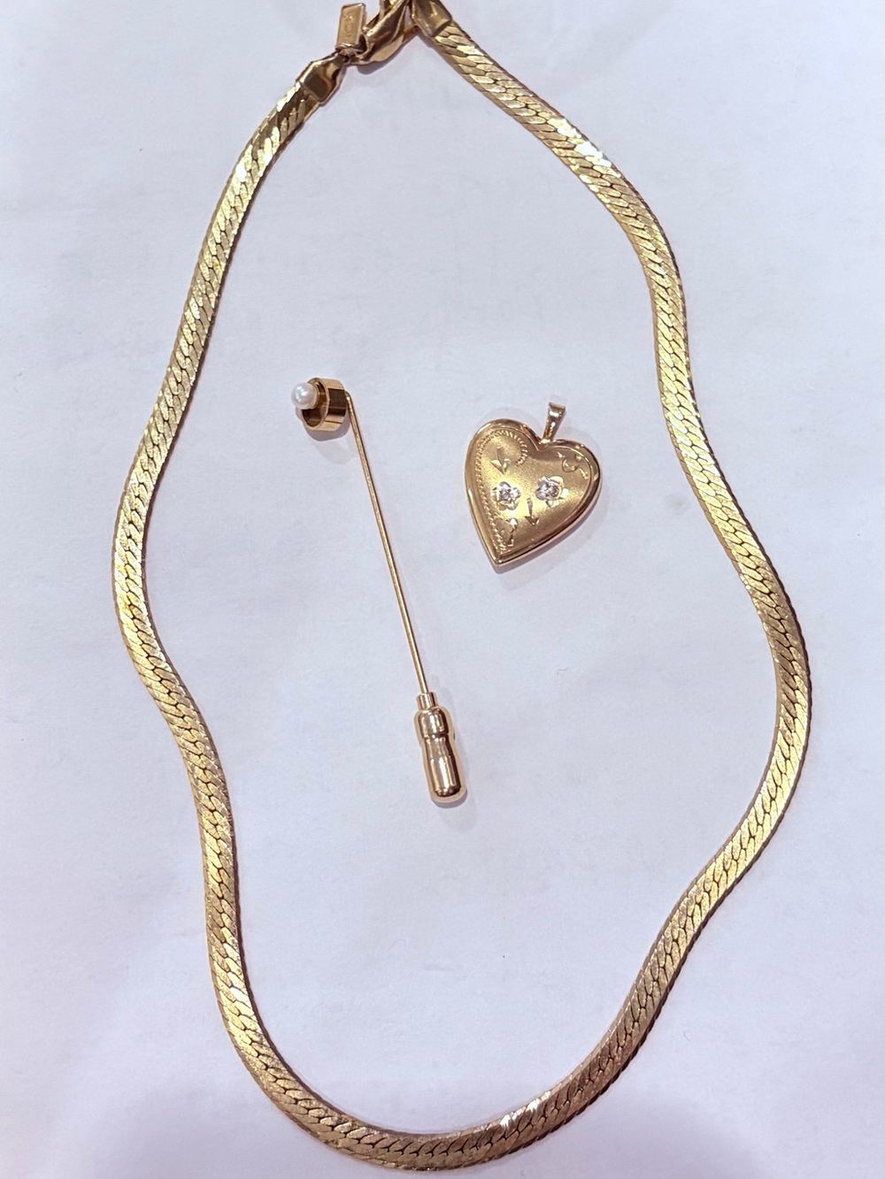 14K GF Herringbone Necklace, Locket, Pearl Pin  ESTATE Jewelry
